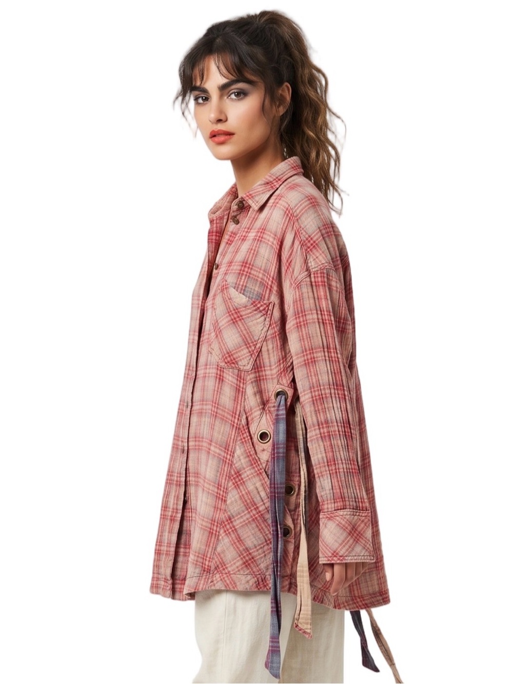 Free People Nordic Day Red Pink Plaid button down Long sleeve Plaid Shirt LaceUp - Picture 13 of 14